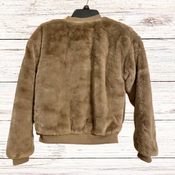 Girls Bomber Jacket Faux Fur Teddy Bear Taupe Size Medium - Picture 2 of 2